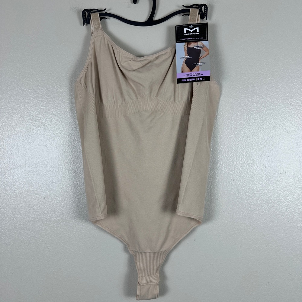 Maidenform‎ Women's 2XL Bodysuit Tan Seamless Thong Firm Control NEW